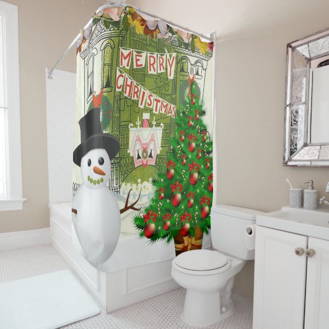 Christmas Shower Curtain, Snowman Shower Curtain (In Situ)