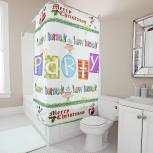 Christmas Shower Curtain, Stripe Happy Birthday Curtain