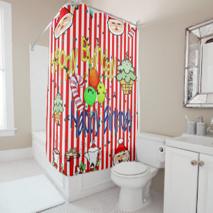 Christmas Shower Curtain, Stripe Happy Birthday Curtain