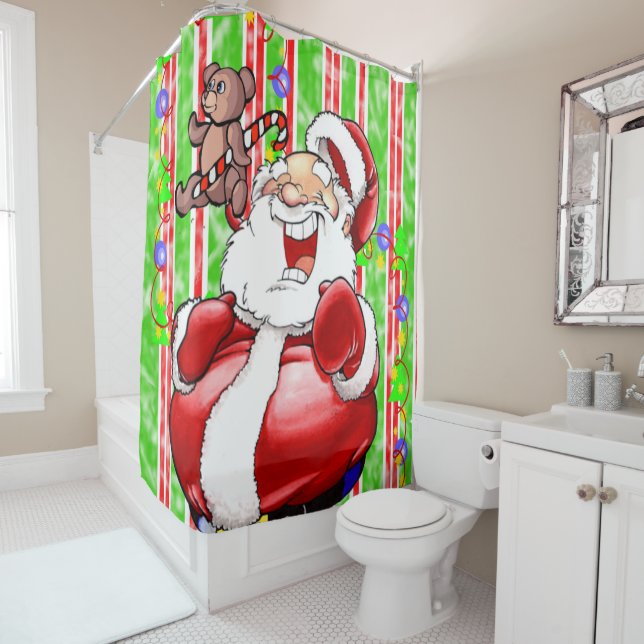 Christmas Shower Curtain, Stripe Teddy Bear Shower Curtain (In Situ)