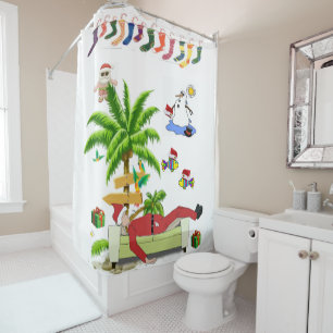 Christmas Shower Curtain, Summer Beach Bum Santa Curtain
