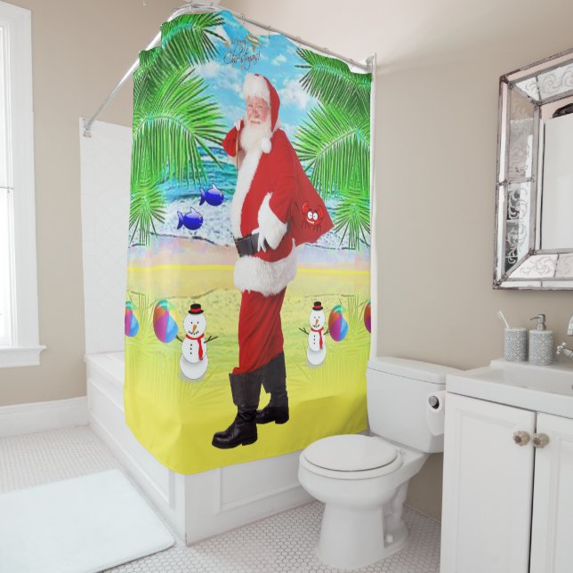 Christmas Shower Curtain, Summer Beach Bum Santa Shower Curtain (In Situ)