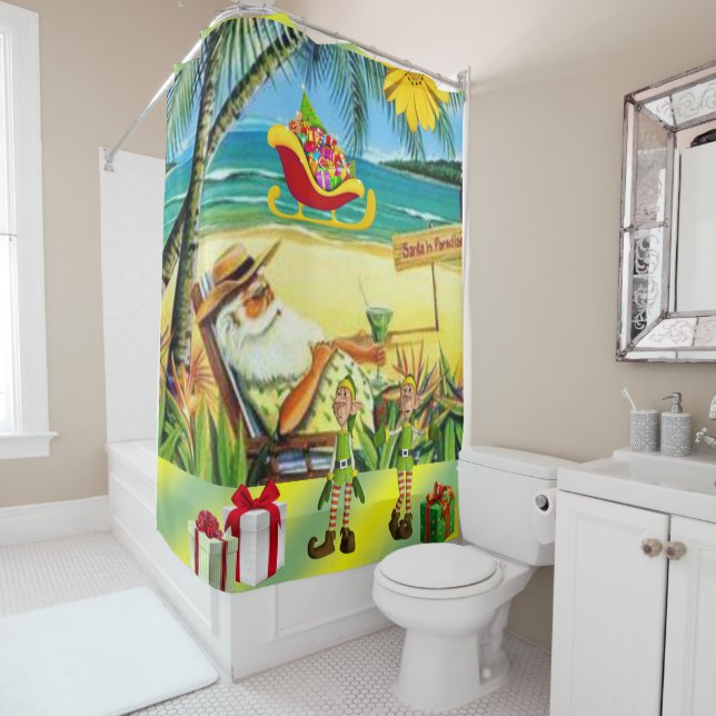 Christmas Shower Curtain, Summer Beach Bum Santa Shower Curtain (In Situ)