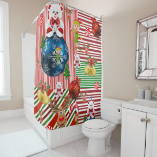 Christmas Shower Curtain, Teddy Bear Stripe Curtain