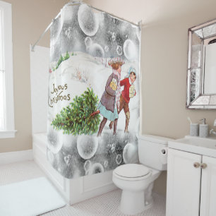 Christmas Shower Curtain, Vintage Curtain