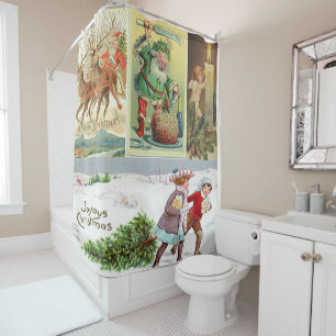 Christmas Shower Curtain, Vintage Curtain