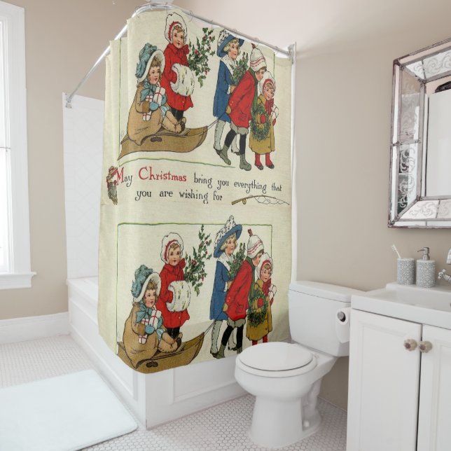Christmas Shower Curtain, Vintage Shower Curtain (In Situ)