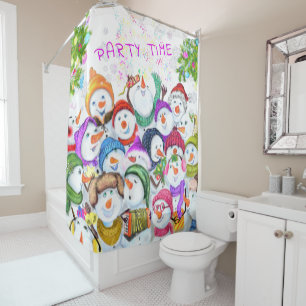 Christmas Shower Curtain with Happy Snowmans Party