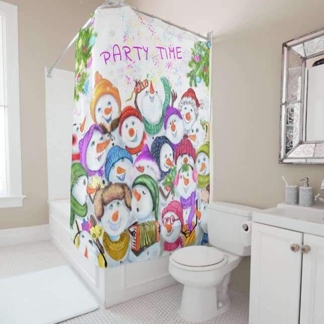 Christmas Shower Curtain with Happy Snowmans Party (In Situ)