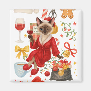 Christmas Siamese Cat is celebrating at home Magnet