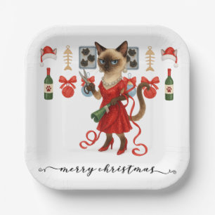 Christmas Siamese Cat is celebrating at home Paper Plate