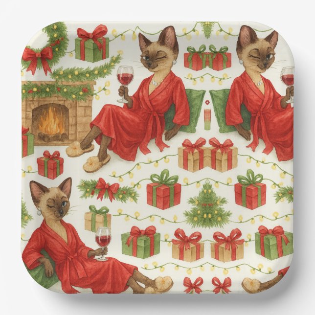 Christmas Siamese Cat is celebrating at home Paper Plate (Front)