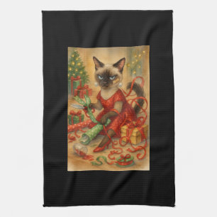 Christmas Siamese Cat Poster Holiday Home  Tea Towel