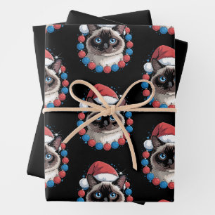 Christmas Siamese Cat Santa Hat Holiday Xmas Wrapping Paper Sheet