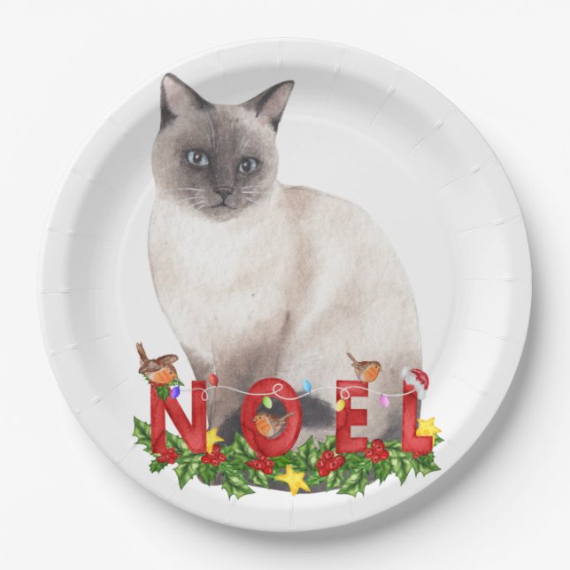 Christmas Siamese Cat Watercolor  Paper Plate (Front)