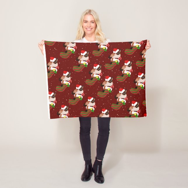 Christmas siamese cats wearing Santa hat Fleece Blanket (In Situ)