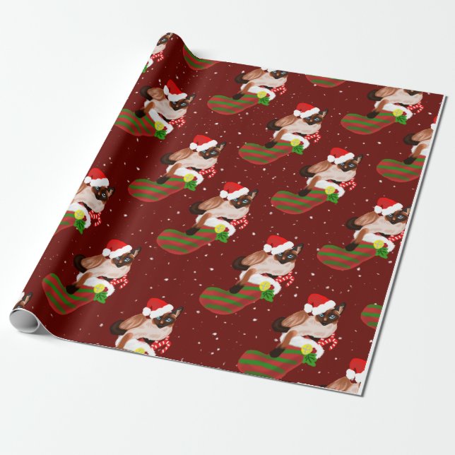 Christmas siamese cats wearing Santa hat Wrapping Paper (Unrolled)