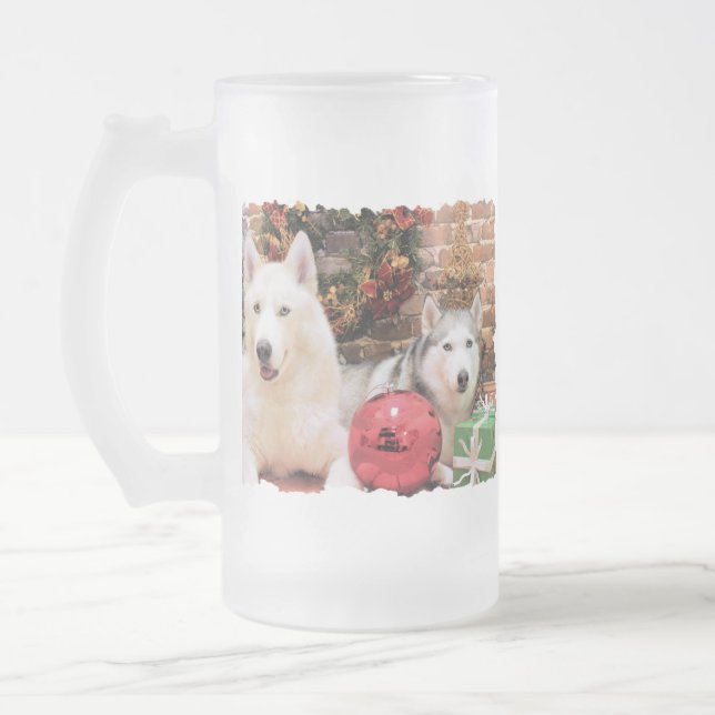 Christmas - Siberian Huskies - Bailey and Katya Frosted Glass Beer Mug (Left)