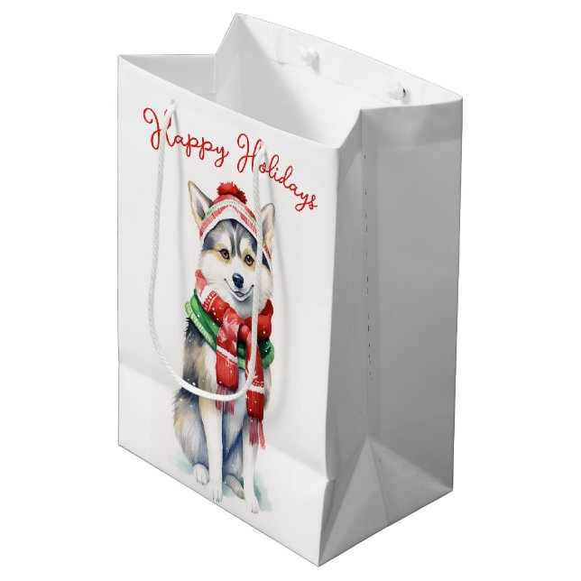 Christmas Siberian Husky Dog Medium Gift Bag (Front Angled)