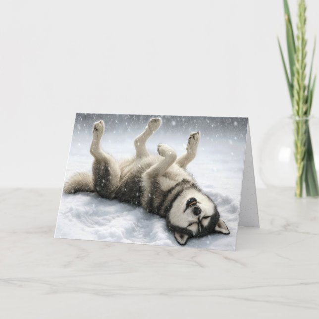 Christmas Siberian Husky Making a Snow Angel Holiday Card (Front)