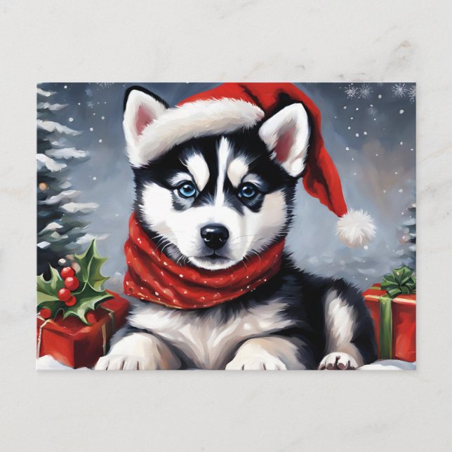 Christmas Siberian Husky Puppy Wearing Santa Hat  Holiday Postcard (Front)