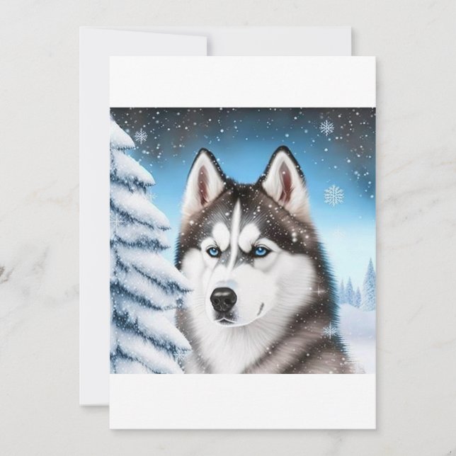 Christmas Siberian Husky / Sled Dog T-Shirt Holiday Card (Front)