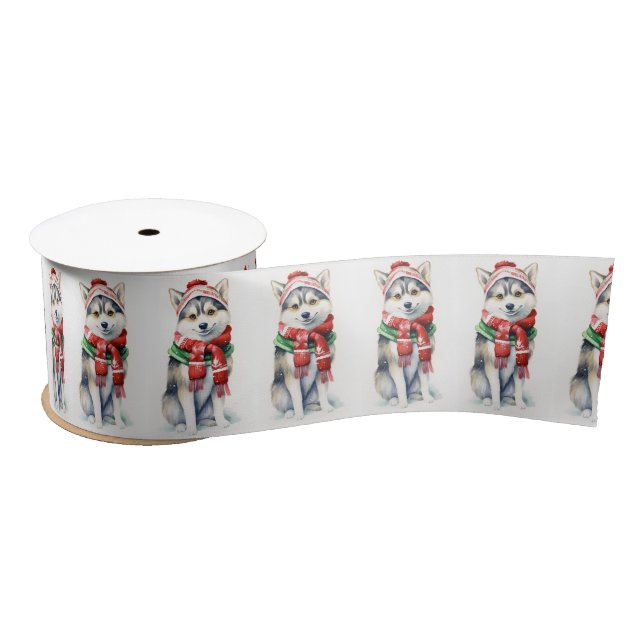 Christmas Siberian Husky With Winter Scarf Satin Ribbon (Spool)