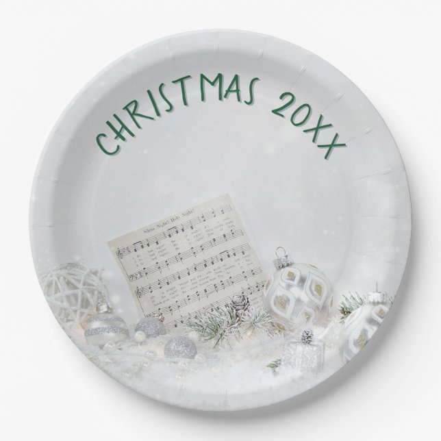 Christmas Silent Night Music In Snow Paper Plate (Front)