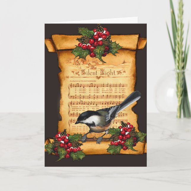 Christmas: Silent Night Sheet Music, Scroll, Bird Holiday Card (Front)