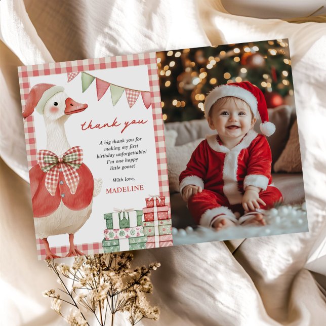 Christmas Silly Goose Gingham Birthday Photo Thank You Card (Creator Uploaded)