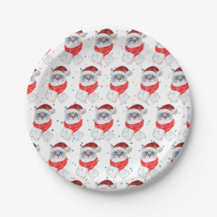 Christmas Silver And White Cat With Santa Hat Paper Plate