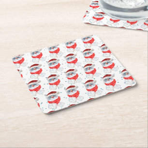 Christmas Silver And White Cat With Santa Hat Square Paper Coaster
