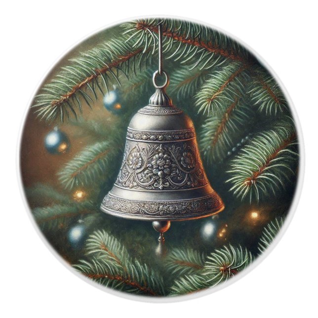 Christmas Silver Bell Vintage Style Ceramic Knob (Front)