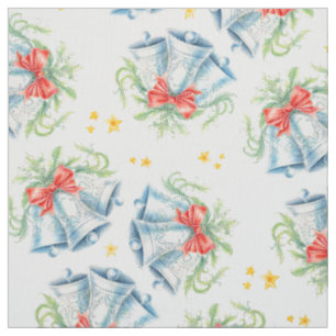 Christmas silver bells and red bows watercolor art fabric