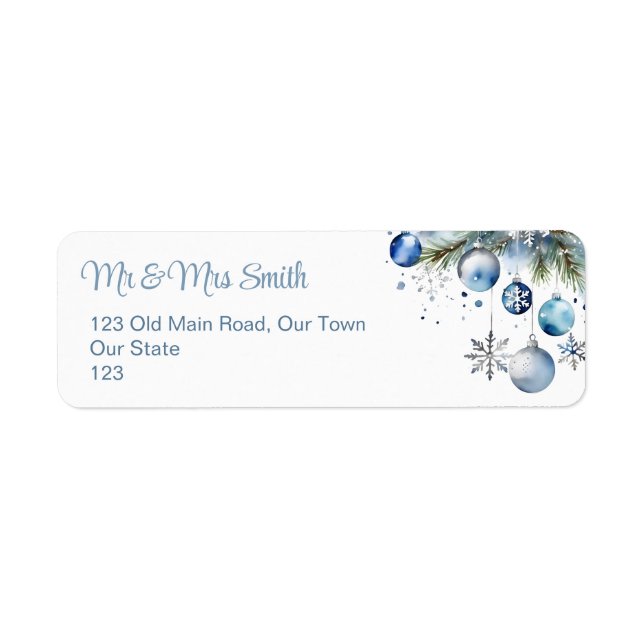 Christmas silver blue baubles snowy pines (Front)