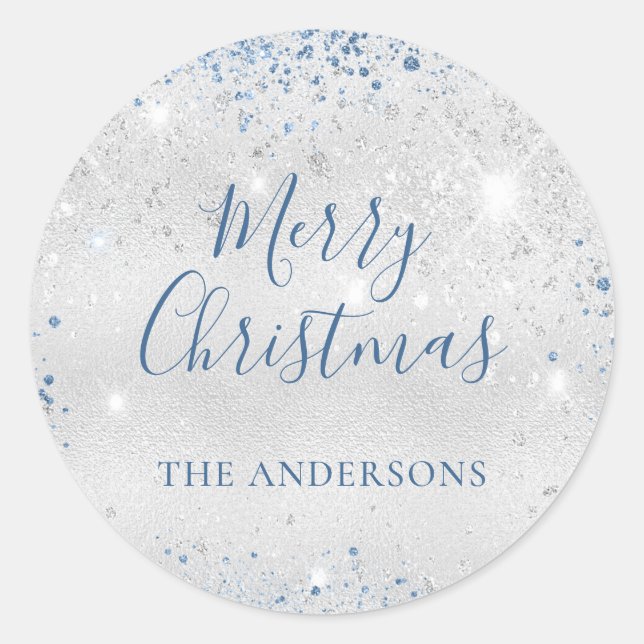Christmas silver blue glitter monogram classic round sticker (Front)