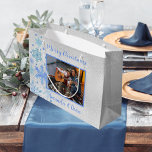 Christmas silver blue snowflakes photo large gift bag<br><div class="desc">Faux silver background. Decorated with snowflakes. Personalise and add your name(s).  Blue text.</div>