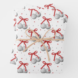 Christmas Silver Disco Ball Ornaments with Red Bow Wrapping Paper Sheet