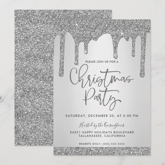 Christmas Silver Dripping Glitter Christmas Party Invitation (Front/Back)