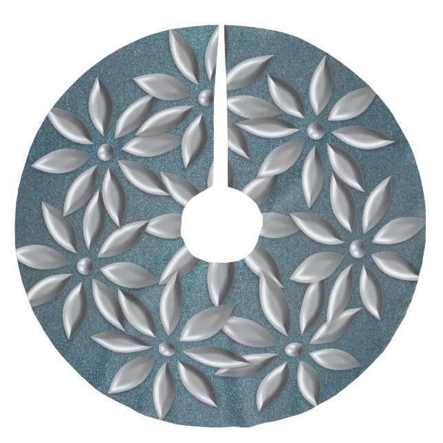 Christmas Silver Flowers Pattern Teal Glitter Brushed Polyester Tree Skirt (Front)