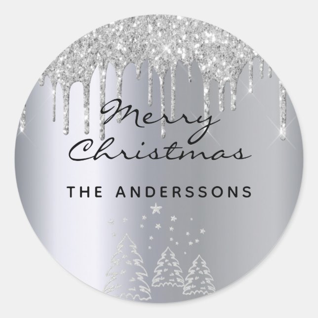 Christmas silver glitter drips classic round sticker (Front)