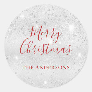 Christmas silver glitter red name classic round sticker