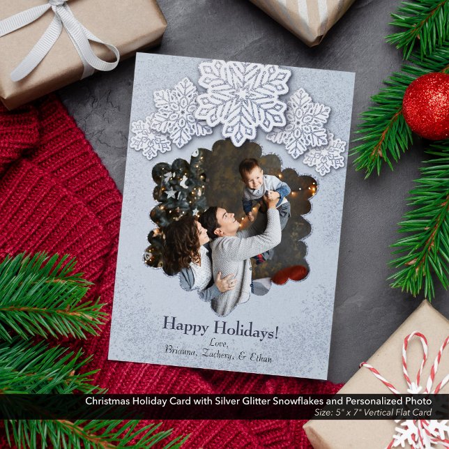 Christmas Silver Glitter Snowflake Photo Holiday Card (Christmas Holiday Card with Silver Glitter Snowflakes and Personalized Photo-5"x7" Flat Card)