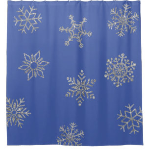 Christmas Silver Glitter Winter Snowflakes on Blue Shower Curtain