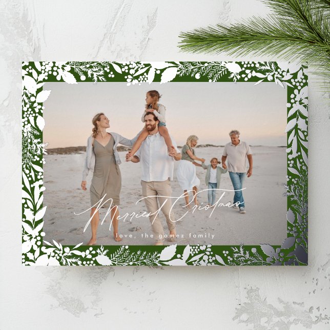Christmas Silver Green Botanical Frame Photo Foil Holiday Card (Creator Uploaded)