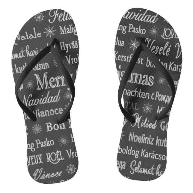 Christmas Silver Grey Holidays Black Flip Flops (Footbed)