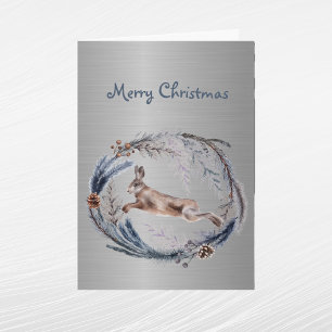 Christmas Silver Rabbit Floral Watercolor Holiday Card