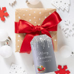 Christmas silver red sleigh family name gift tags<br><div class="desc">A faux silver metallic looking background with faux silver glitter drip, a bit of bling and luxury for your Christmas gifts. Santa Claus' old vintage red sleigh filled with gifts as decoration. With the text: Merry Christmas written with a modern hand lettered style script. Template for Your family name, white...</div>