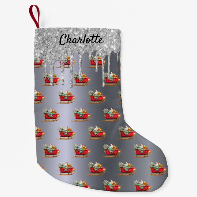 Christmas silver red sleigh Santa glitter monogram Small Christmas Stocking (Front)
