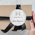 Christmas silver snowflakes business logo classic round sticker<br><div class="desc">A faux silver winter background with snowflakes. Personalise and add your business,  company logo and a text.  Text: Merry Christmas written with a modern hand letteres style script.</div>